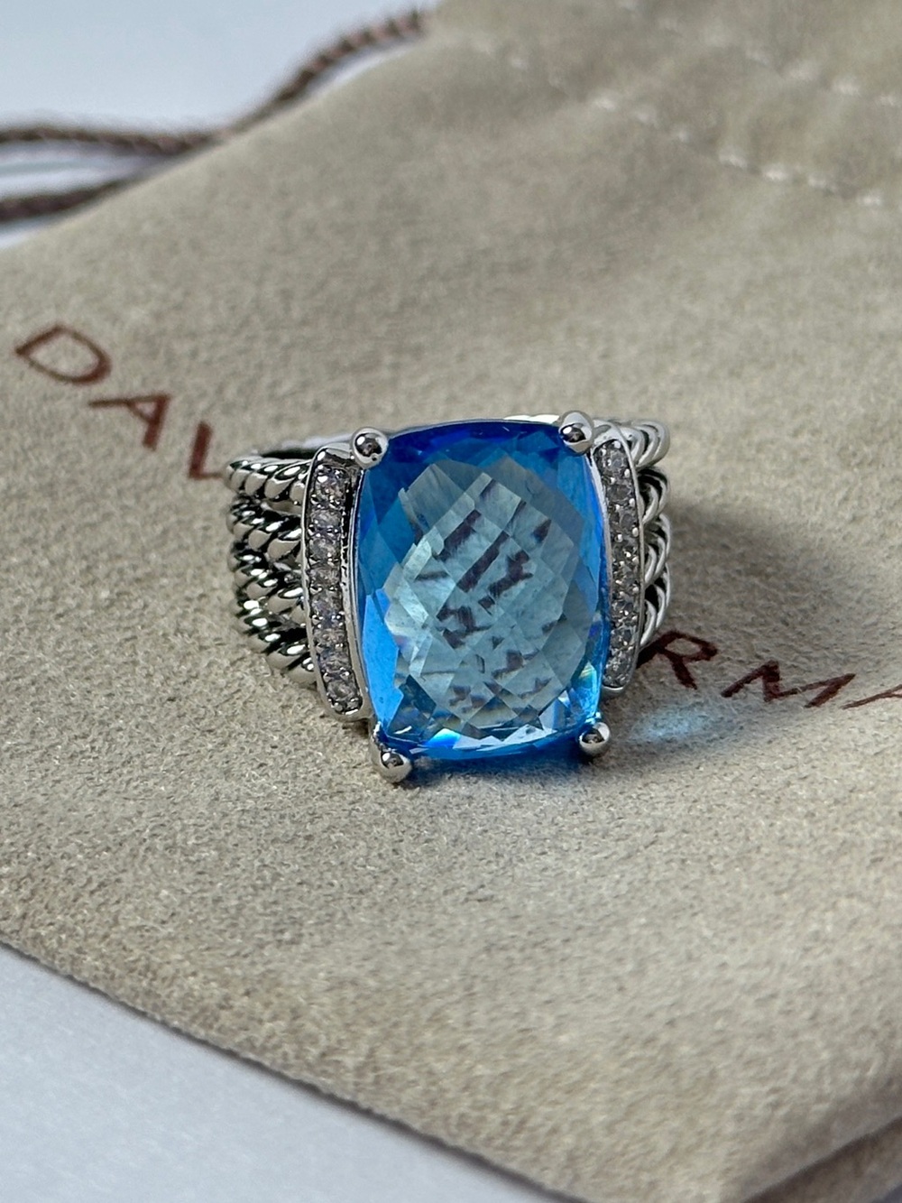 David Yurman Sterling Silver Blue Topaz Wheaton Ring with Pave Size 8.5